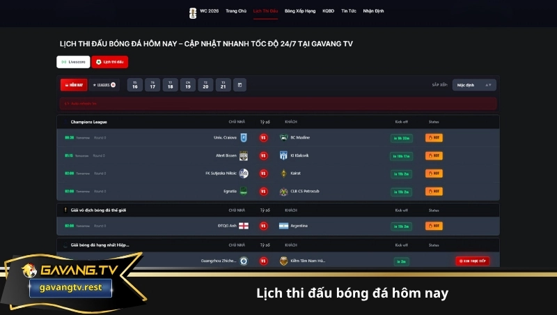 lịch thi đấu bóng đá hôm nay
