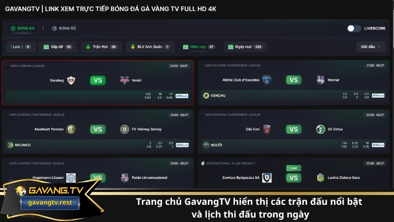 Giao diện trang chủ GavangTV hiển thị danh sách các trận đấu trực tiếp bóng đá và bảng lịch thi đấu bóng đá hôm nay